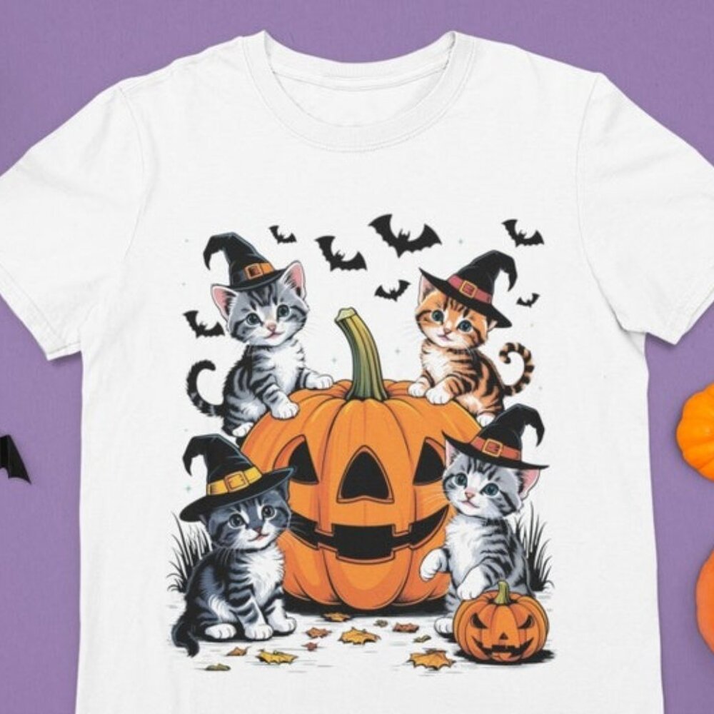 Retro 90s Halloween Witch Cat Pumpkin Shirt, Kitten Halloween Tee